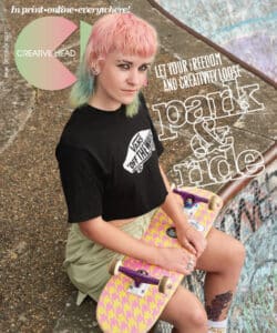 Creative Head magazine cover, with a woman sitting holding a skateboard at a skatepark. Creative Head are a media partner at HairCon.