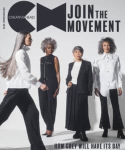 Creative Head magazine cover, with four models in black and white outfits. Creative Head are a media partner at HairCon.